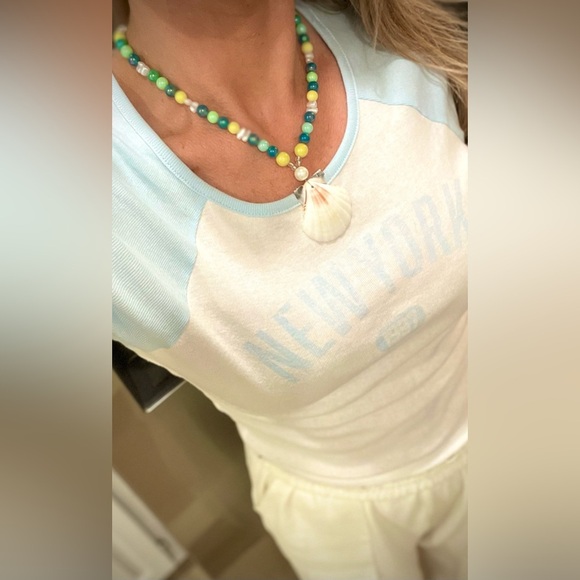 Seashell beaded pearl beach necklace nantucket yellow blue surfer girl toggle - Picture 12 of 14